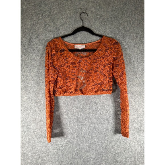 Pretty Angel Rust Orange Floral Rose Lace Long Sleeve Crop Top L/XL NEW - Picture 2 of 9